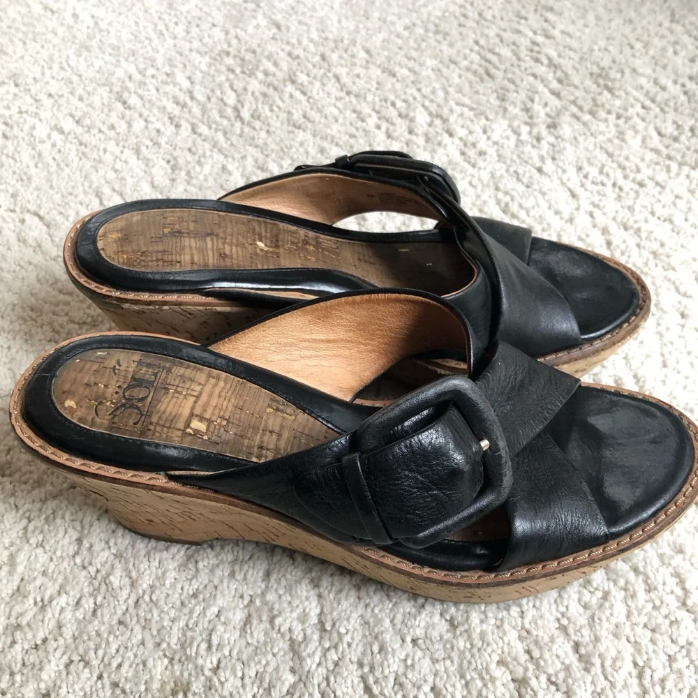 Sofft black leather wedge slides with buckle & cork-covered heel with gold - Picture 6 of 13